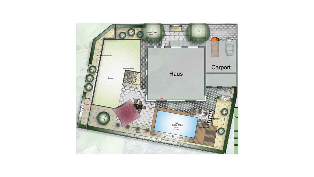 Lageplan: Haus mit Carport, Garten, Terrasse, Pool und Baeume.