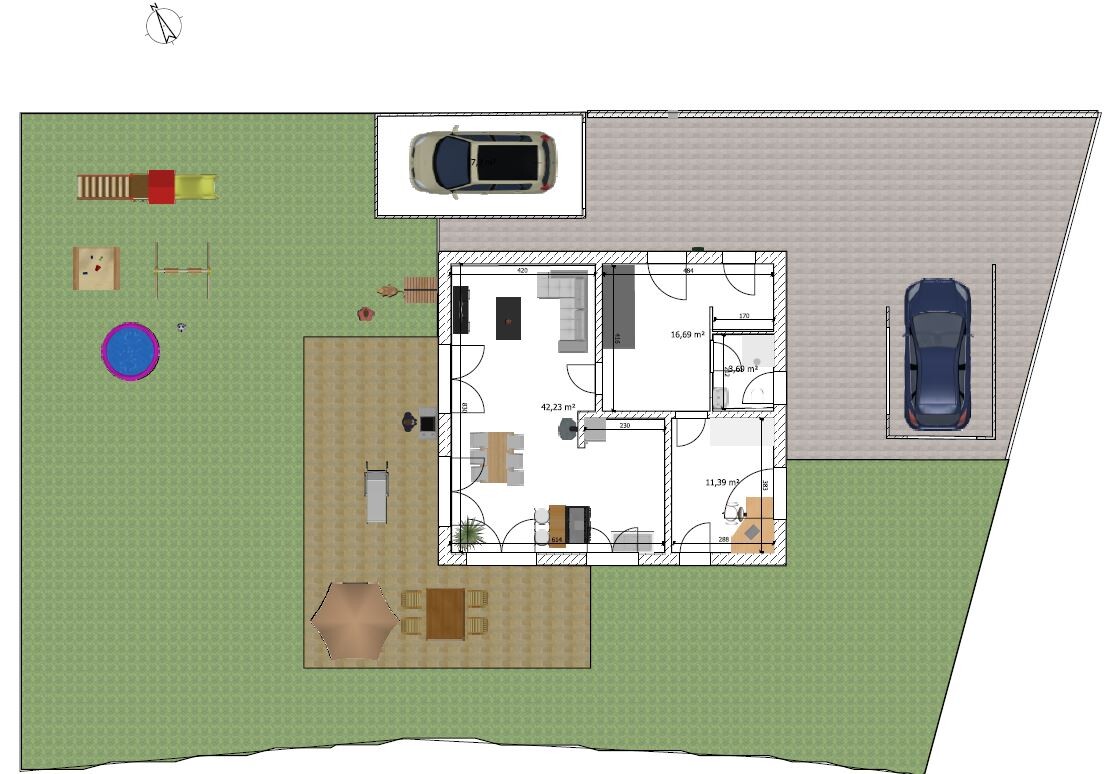 Grundriss: Haus mit Garten, Spielplatz, Pool, Terrasse und Parkplätzen.