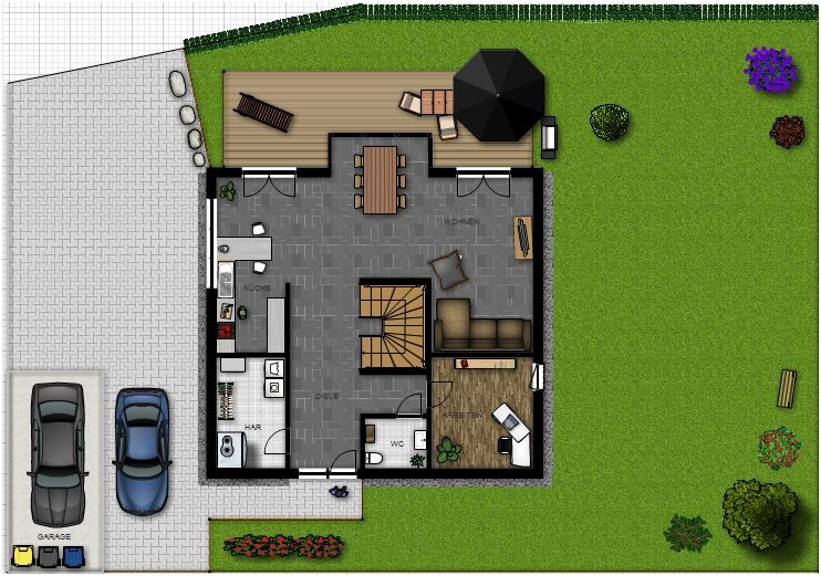 2D Grundriss eines Hauses mit Garten, Terrasse, Garage, Küche und Wohnzimmer