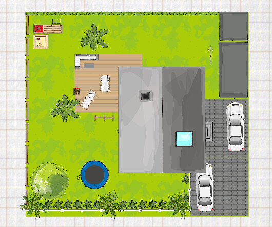 Vogelperspektive: Haus mit grünem Garten, Terrasse, Trampolin, Bäume und zwei Autos in der Einfahrt.