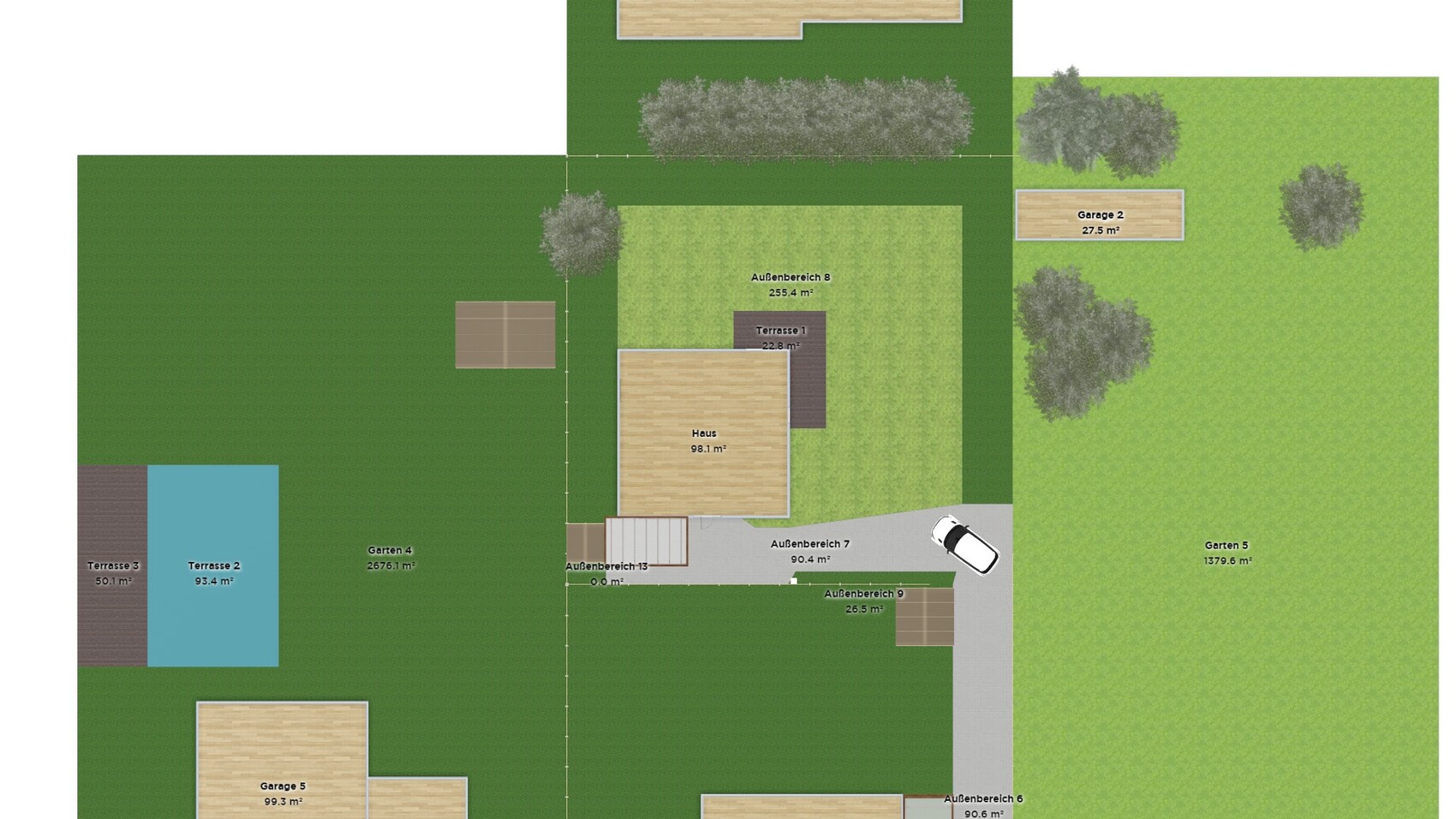 Lageplan: Haus mit Terrasse, umliegende Gärten, Wege, Bäume und Parkflächen.