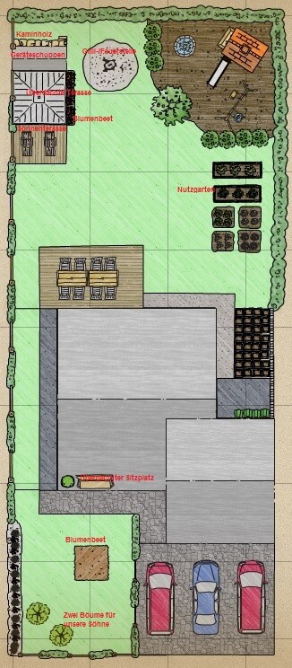 Grundstücksplan mit Haus, Garten, Terrasse, Beeten und Parkplätzen