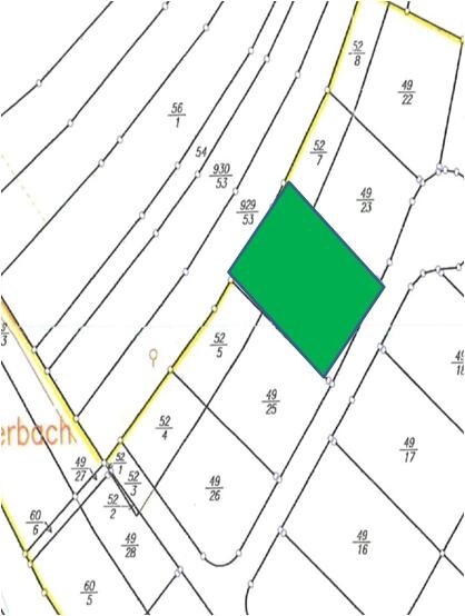 Lageplan eines Grundstuecks mit gruen markiertem Hausgrundriss auf einem Bebauungsplan