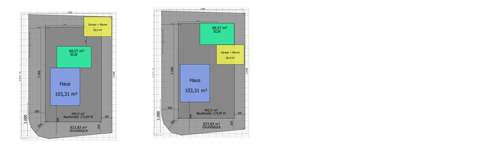 Zwei architektonische Grundrisspläne eines Grundstücks: Haus 103,31 m2, ELW 68,57 m2, Garage, Grundstück 923,83 m2.
