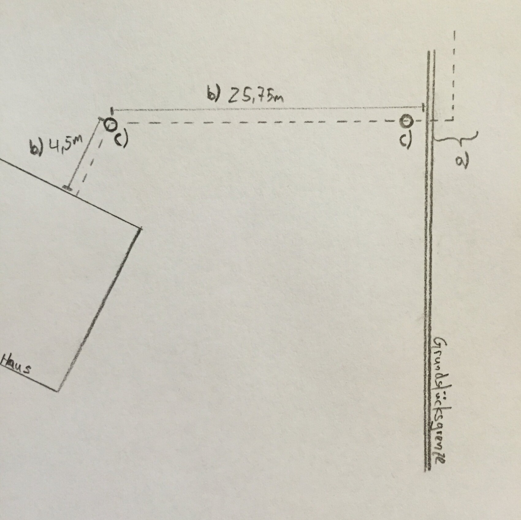 Handgezeichnete Grundrissskizze eines Bauplots mit Gebäudekante und Maßlinien