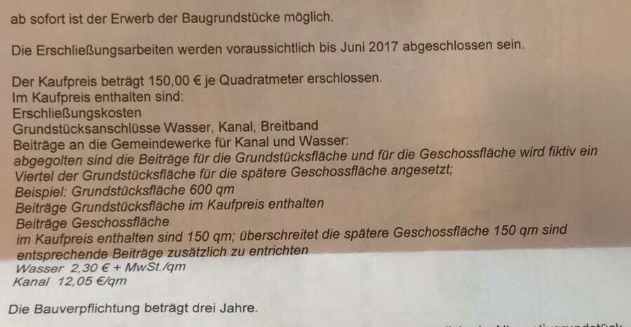 Textdokument mit Informationen zu Grundstücken, Preisen und Bauvorhaben