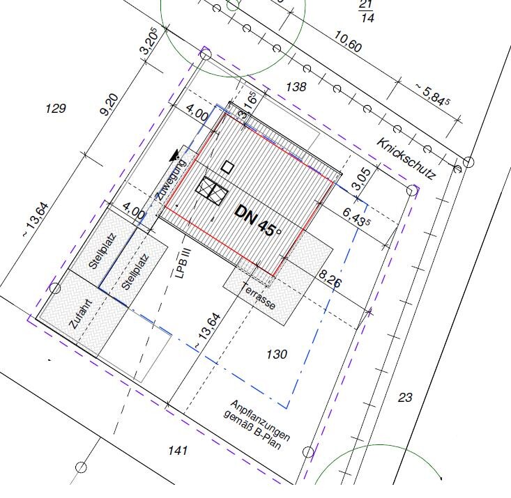 Architekturplan: Grundstücks- und Grundrissplan mit Terrasse und Stellplaetzen