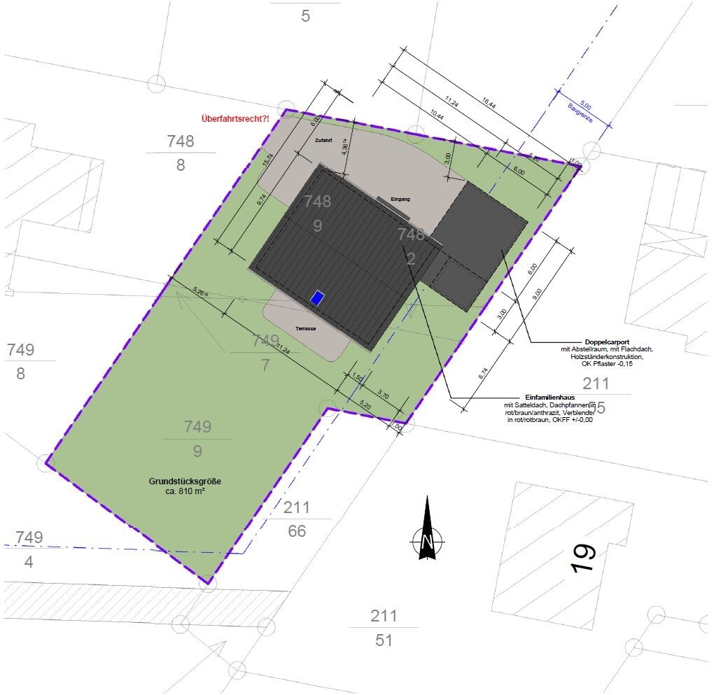 Lageplan eines Einfamilienhauses auf Grundstück mit Terrasse und Zufahrt