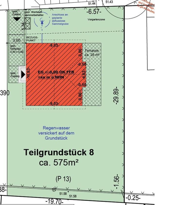 Lageplan: Teilgrundstück 8, ca. 575 m²; rotes Gebäude mit Terrasse und Grünfläche.