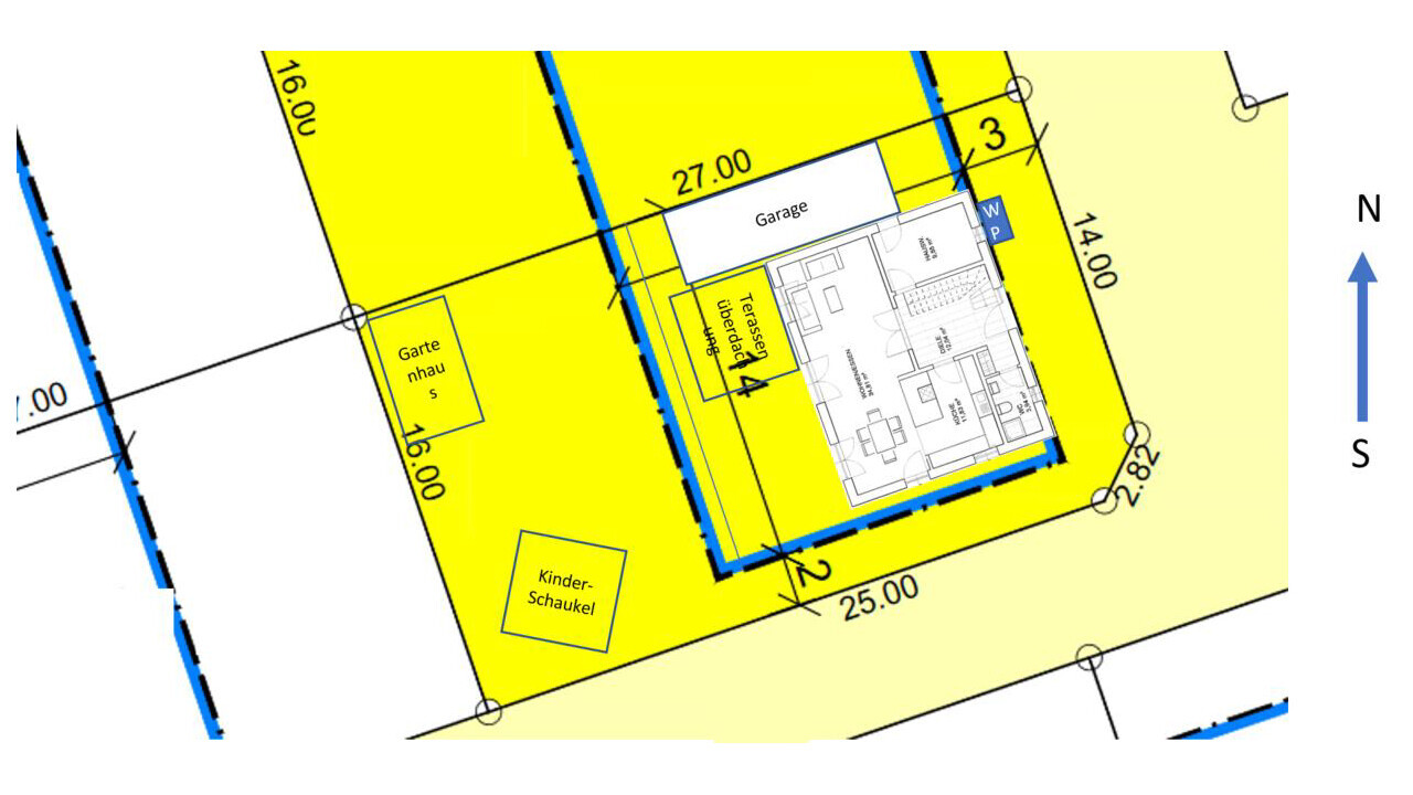Lageplan eines Baugrundstücks mit Hausgrundriss, Garten und Terrasse