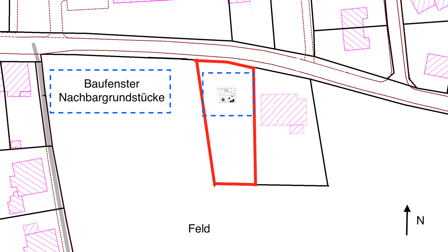 Lageplan mit Grundstücksgrenzen, Baufenstern und Orientierung nach Norden.