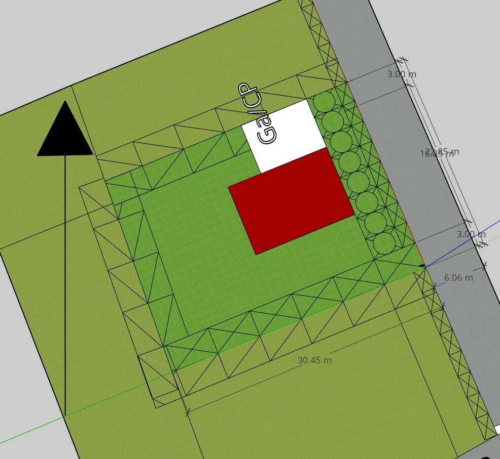 Lageplan eines Grundstücks mit Hausstandort, Grünfläche und Zufahrt