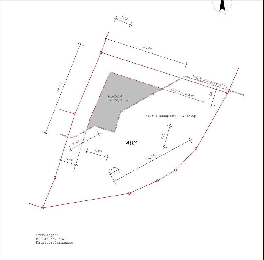 Grundstücksplan mit Grenzlinien, Baufläche und Flurstück 403