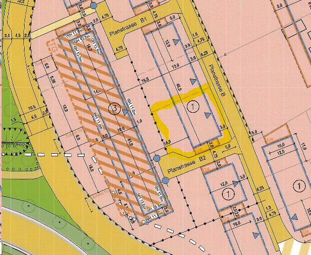 Bebauungsplan mit farbigen Zonen und schraffierter Fläche, Planstrasse, B2.
