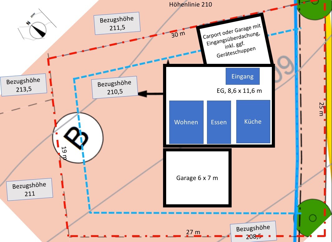 Lageplan: Haus mit Eingang, Wohnen, Essen, Küche, Garage 6x7 m und Carport.