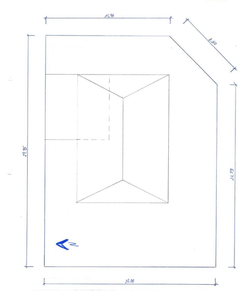 Technische Zeichnung eines Grundrisses mit äußerer Randlinie und innerem isometrischem Würfel.