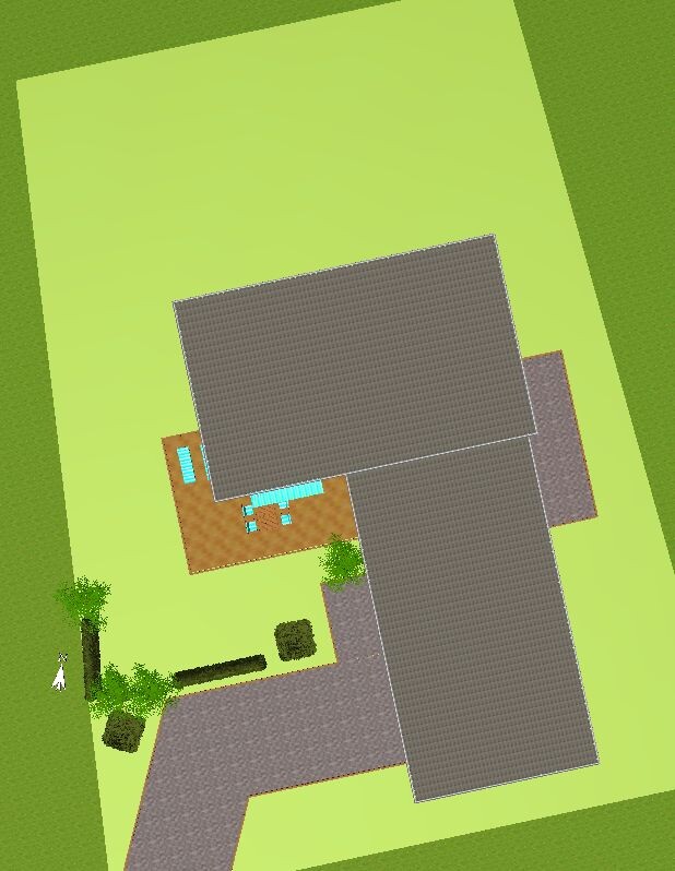 Lageplan eines Hauses mit Terrasse, Garten und Zufahrt aus Vogelperspektive