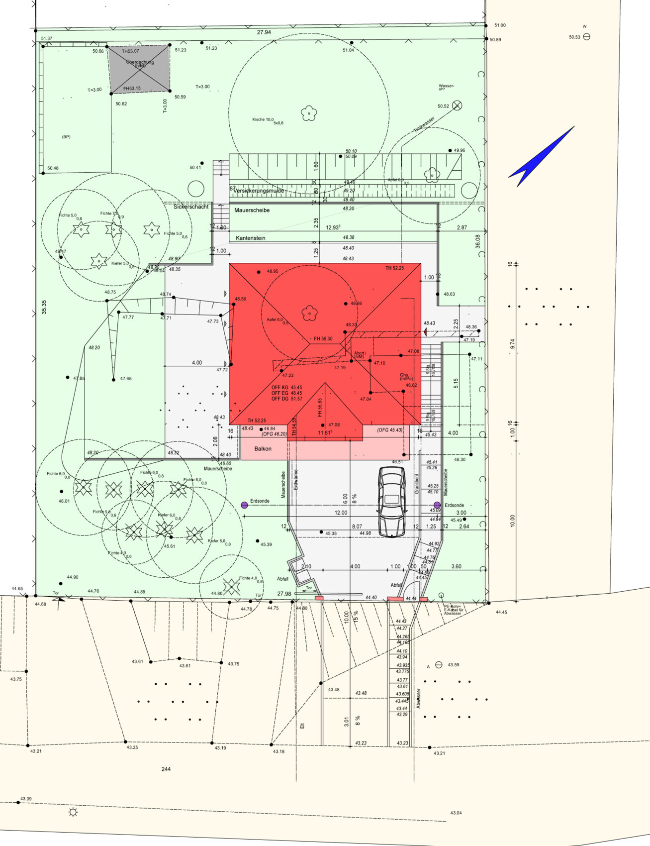 Lageplan eines Grundstücks mit Haus, Garten, Terrasse und Parkbereich.