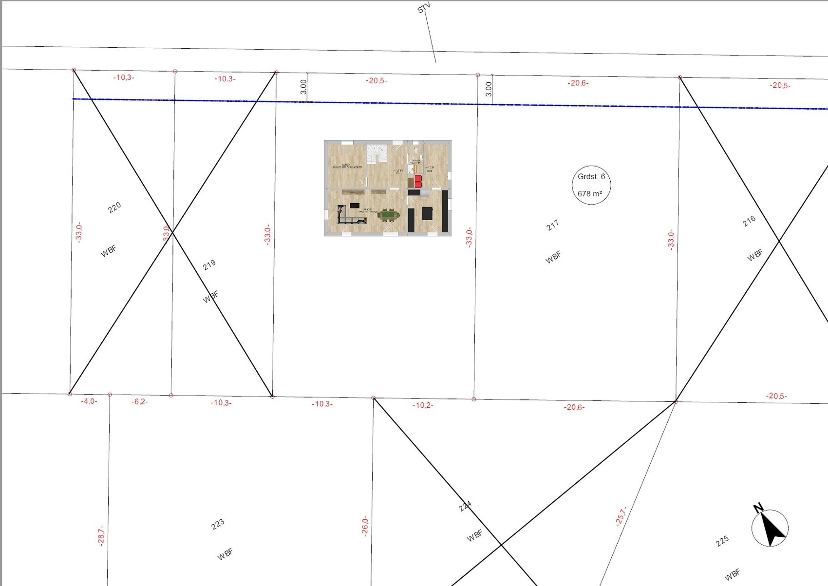 Lageplan eines Baugrundstücks mit Umrisslinien, Maßangaben und kleinem Innenlayout