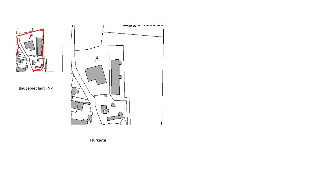 Lageplan eines Baugrundstücks mit roten Umrandungen und Gebäuden.