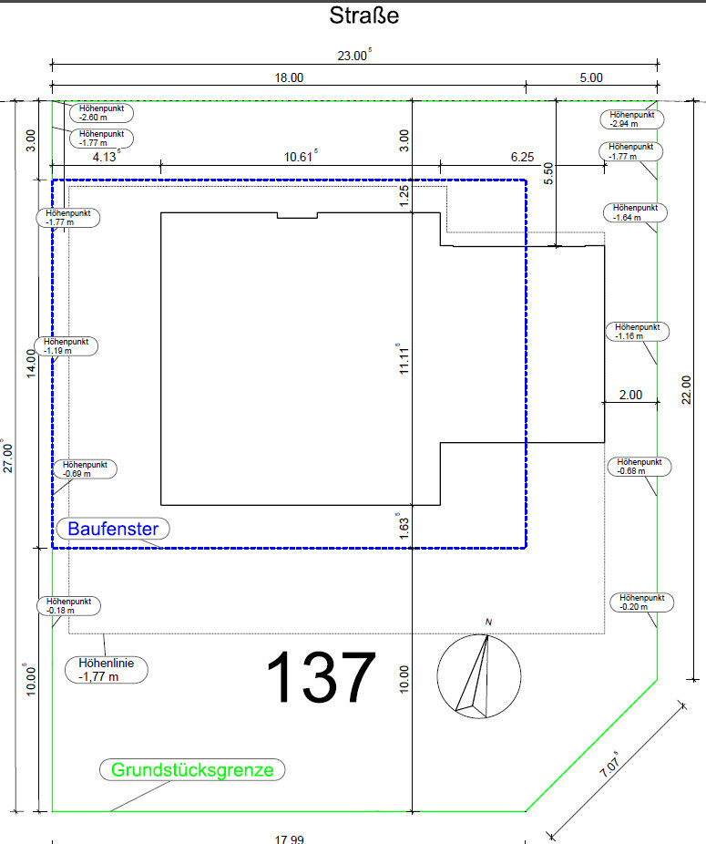 Grundstücksplan mit Gebäudegrundriss, Bau-/Grundstücksgrenze (grün), Baufenster (blau) und Nordpfeil.