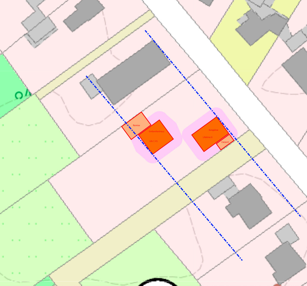 Lageplan mit zwei roten Gebäuden (Remise, Einfamilienhaus) und blau gestrichelten Linien.