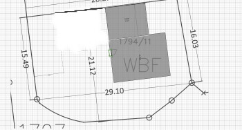 Siteplan eines Baugrundstücks mit Gebäudegrundriss, Grundstücksgrenzen und Maßlinien