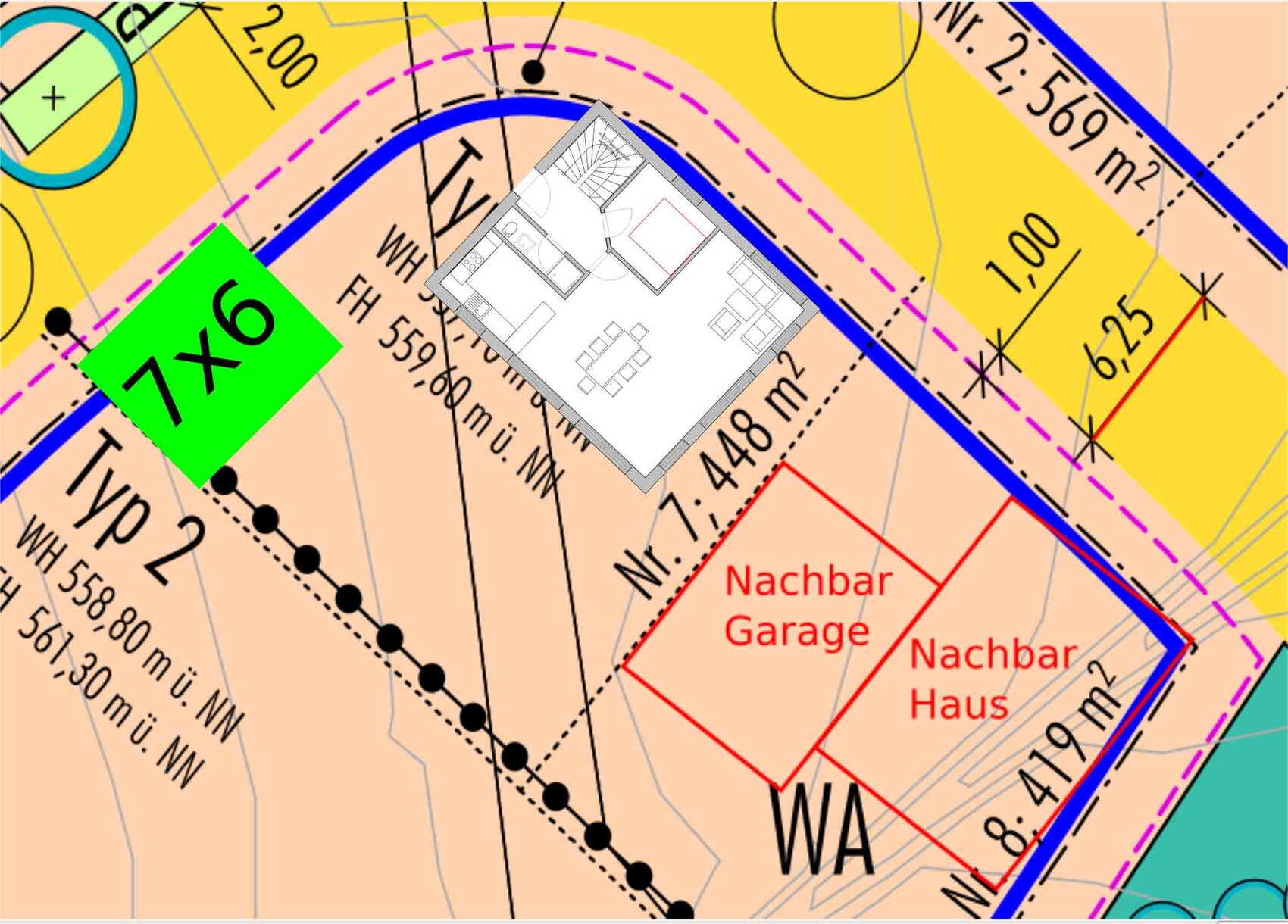Grundstücksplan mit Hausgrundriss, Maßlinien und Farbkodierungen auf Lageplan