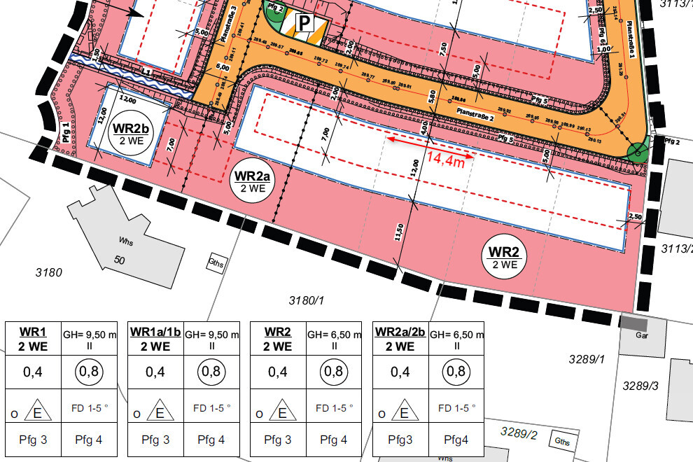 Lageplan eines Baugrundstücks mit Gebäudeflächen, Zufahrten und Grenzlinien