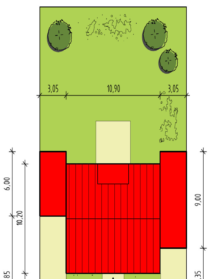 Grundstückslayoutplan mit Haus, Garten, Bäumen und Maßen