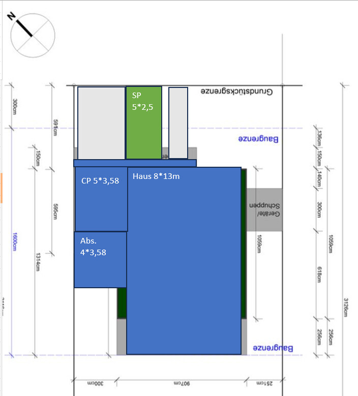 Zwei-dimensionale Grundrisszeichnung eines Hauses mit farblich markierten Bauteilen und Abmessungen auf dem Plan