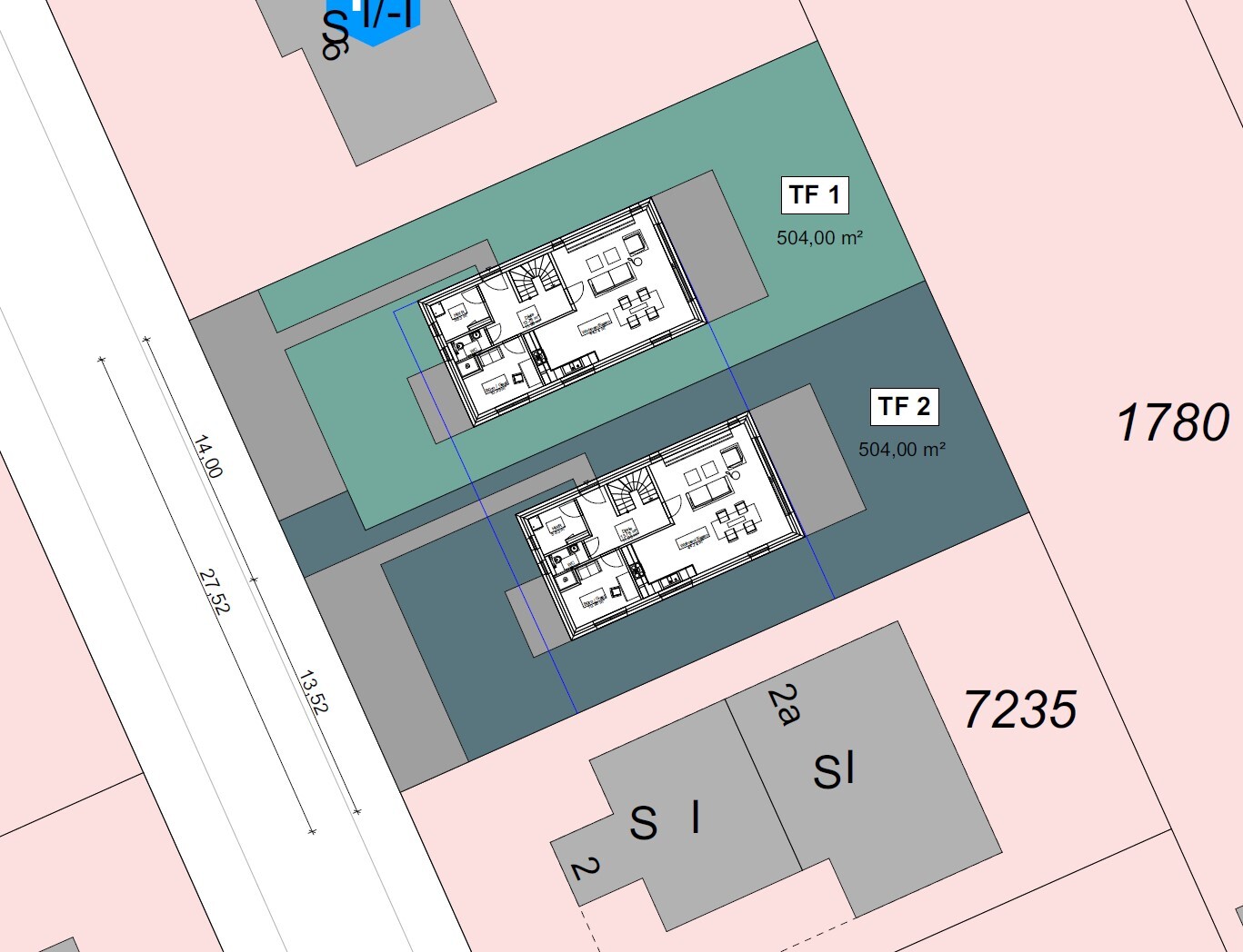 Lageplan mit zwei Gebäuden und Grundrisszeichnungen auf dem Grundstück