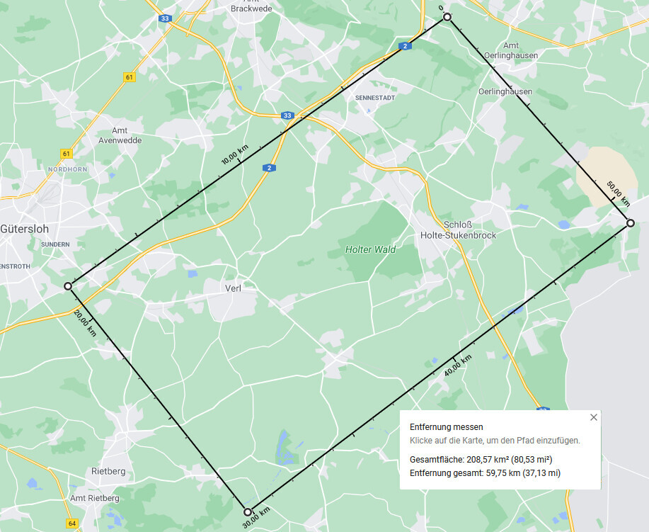 Schwarzes Polygon auf Karte, nahe Gütersloh, Oerlinghausen, Holte-Stukenbrock und Rietberg.