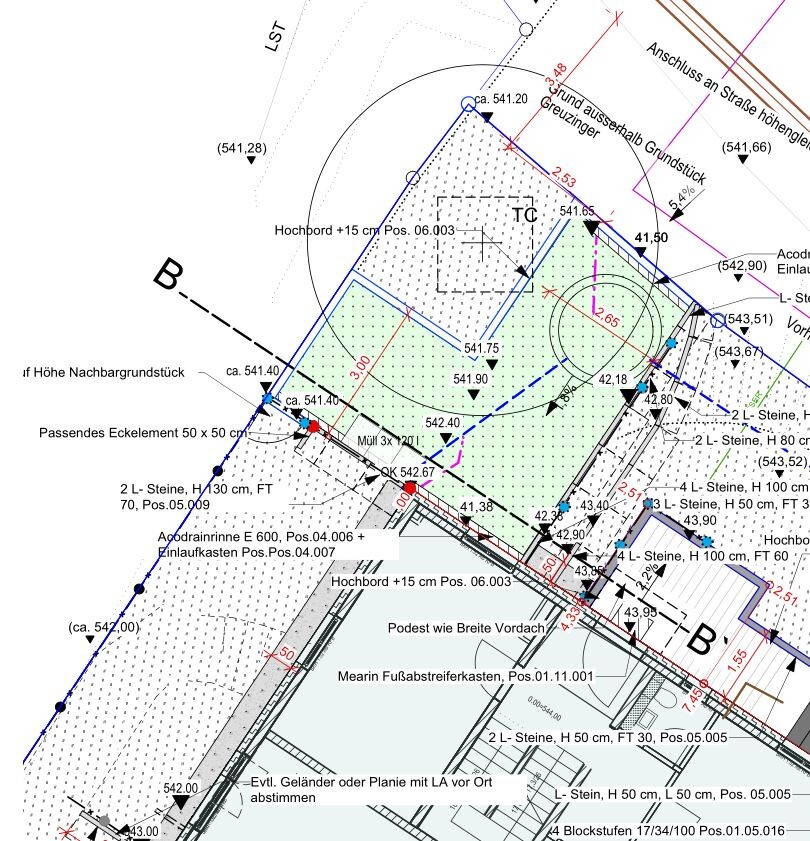 Lageplan eines Baugrundstücks mit Grundgrenzen, Fundamenten und Höhenangaben
