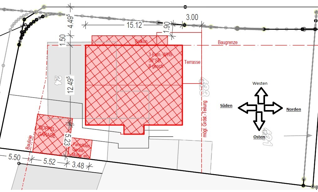 Lageplan eines Baugrundstücks mit rotem Gebäudefundament, Terrasse und Gartenbereich