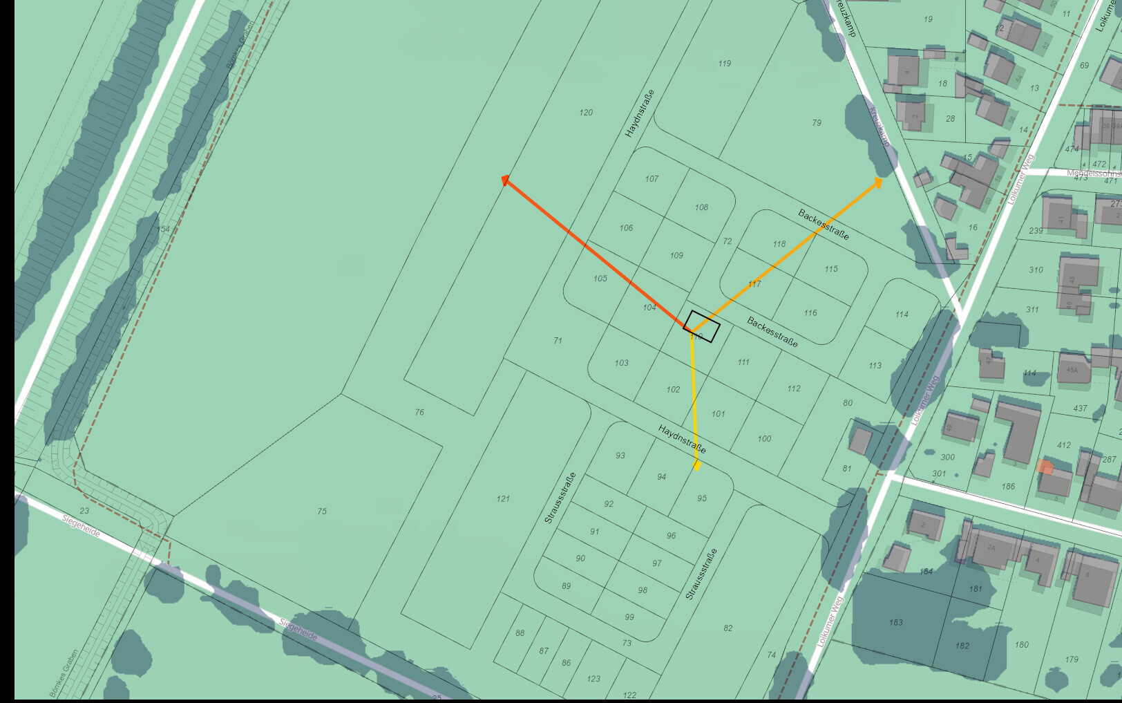 Lageplan eines Baugebiets mit Parzellen, Strassen und Markierungen
