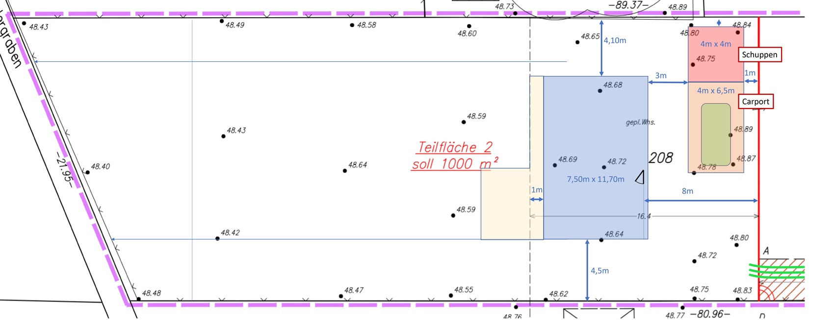 Grundstücksplan mit blauem Gebäude, Carport und Schuppen; Teilfläche 2 soll 1000 m².