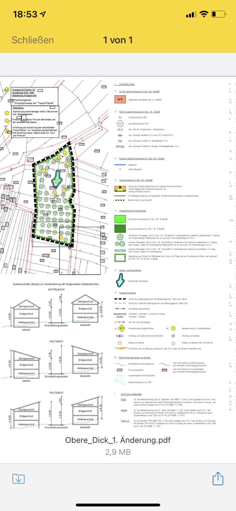 Lageplan eines Grundstücks mit Teich, Bäumen, Grenzlinie und Legende rechts.