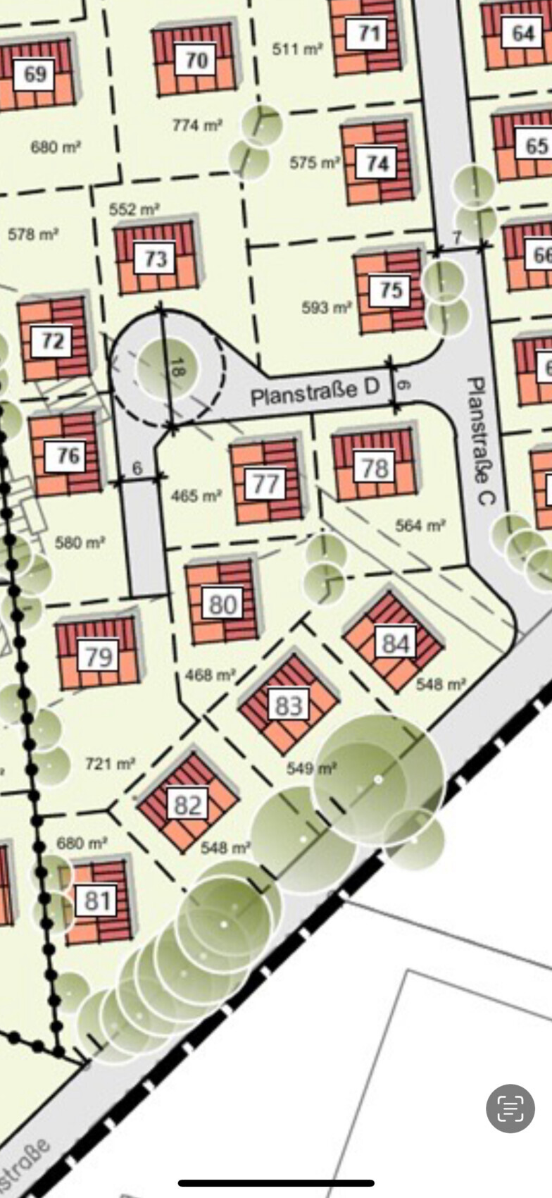 Lageplan eines Wohngebiets mit nummerierten Grundstücken und Flächenangaben.