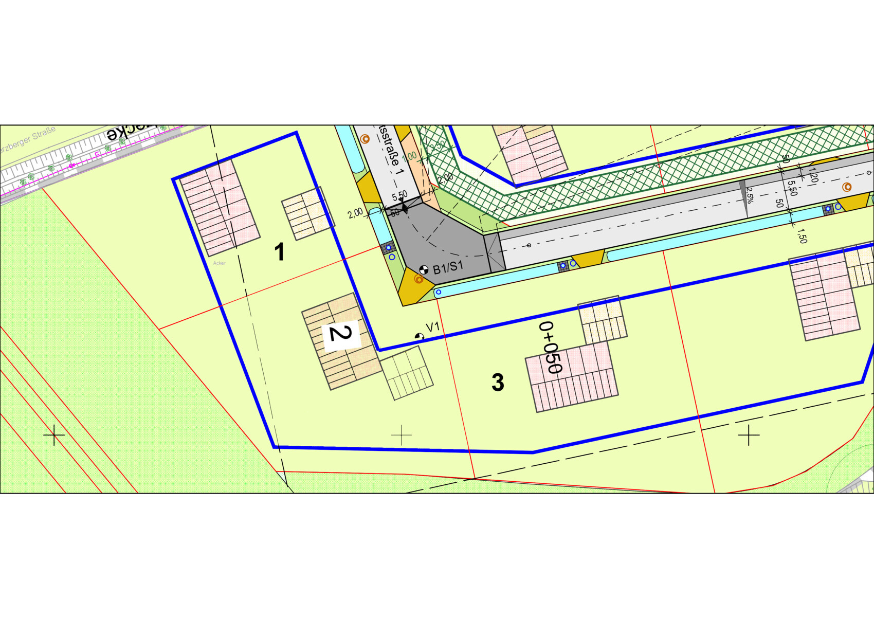 Lageplan mit blau umrandeten Grundstücken 1, 2 und 3, Gebäuden, Straßen und Grünflächen.