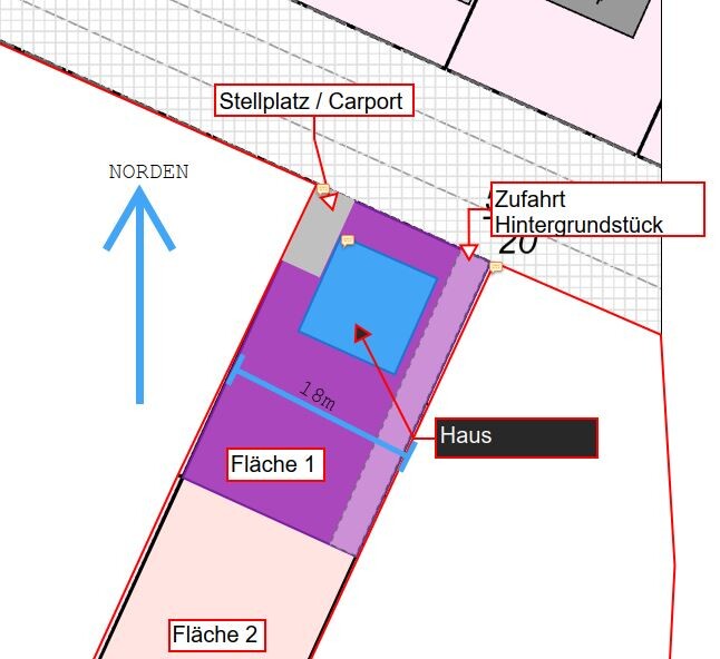 Lageplan eines Grundstücks mit Haus, Stellplatz/Carport, Zufahrt und Flächen 1 und 2.