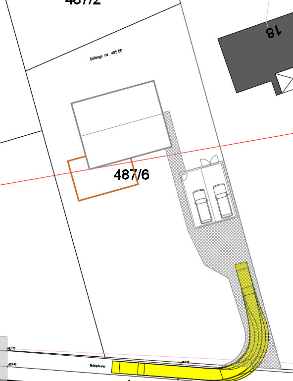 Liegenschaftsplan mit Hausgrundriss, Zufahrt und Parkplätzen