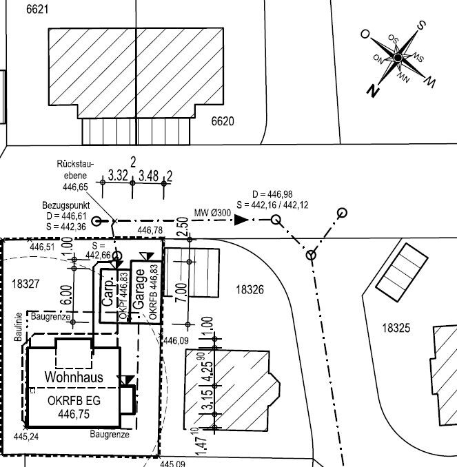 Lageplan eines Baugrundstücks mit Haus, Garage, Zufahrt und Grundstücksgrenzen