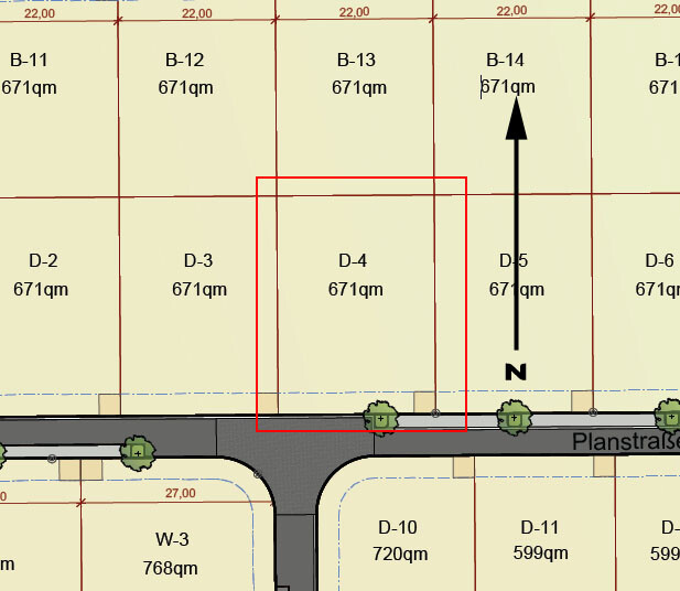 Baugrundstuecksplan mit Parzellen, Straßenzug Planstraße, roter Umriss und Nordpfeil