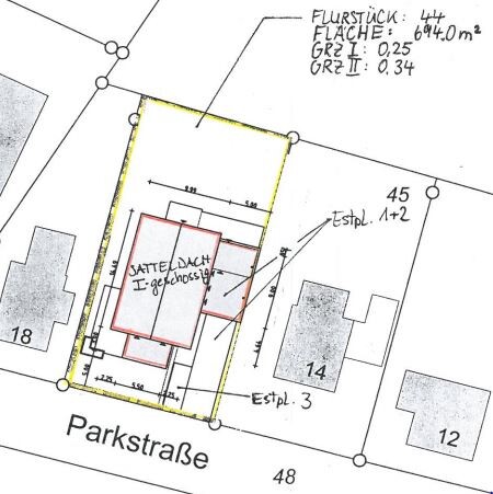 Lageplan eines Grundstuecks mit Gebaeudegrundriss, Grundstuecksgrenzen und Umgebung