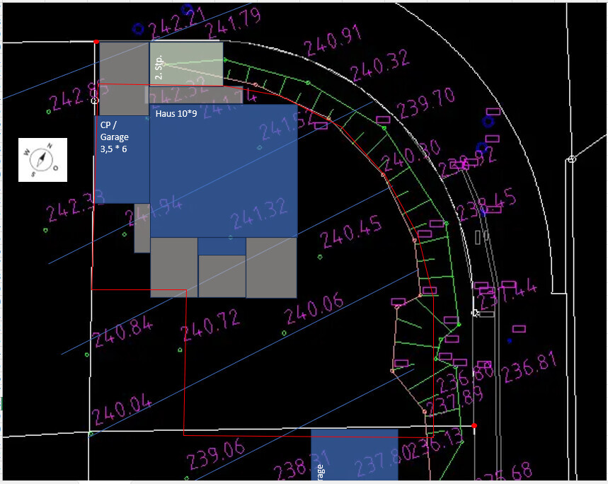 CAD-Plan eines Baugrundstücks: blaue Gebäudefläche, Grenzlinien und Maßangaben.