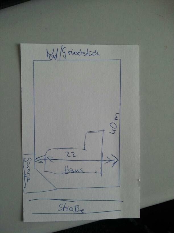 Skizze eines Grundstücksplans mit Haus, Straße und Zufahrt