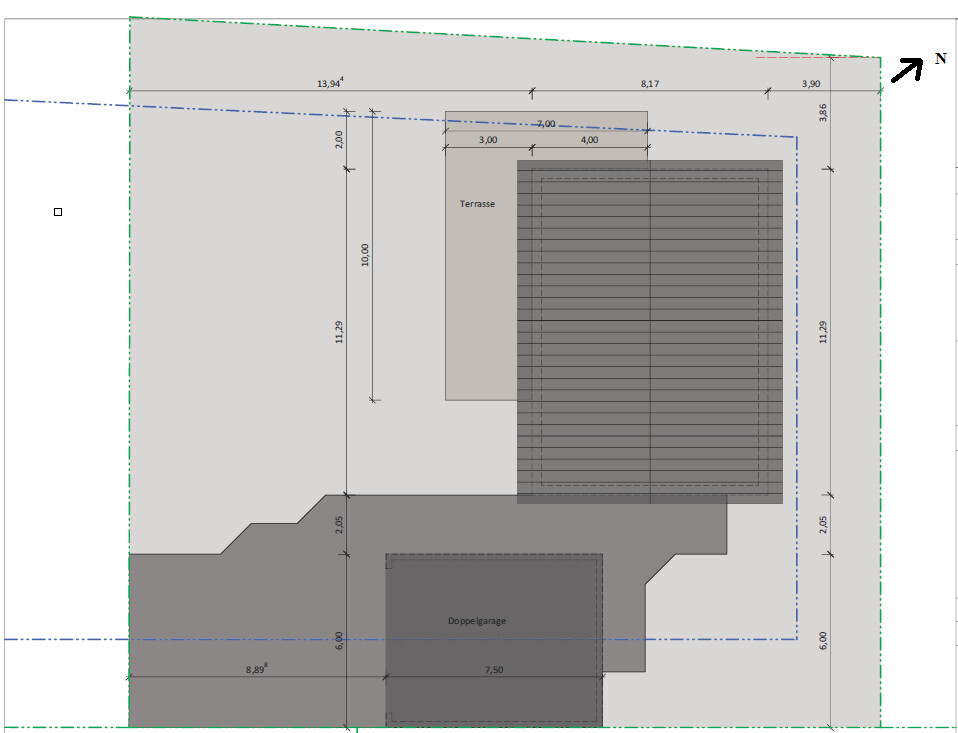 Architekturplan Außenbereich mit Terrasse und Doppelgarage auf dem Grundstück