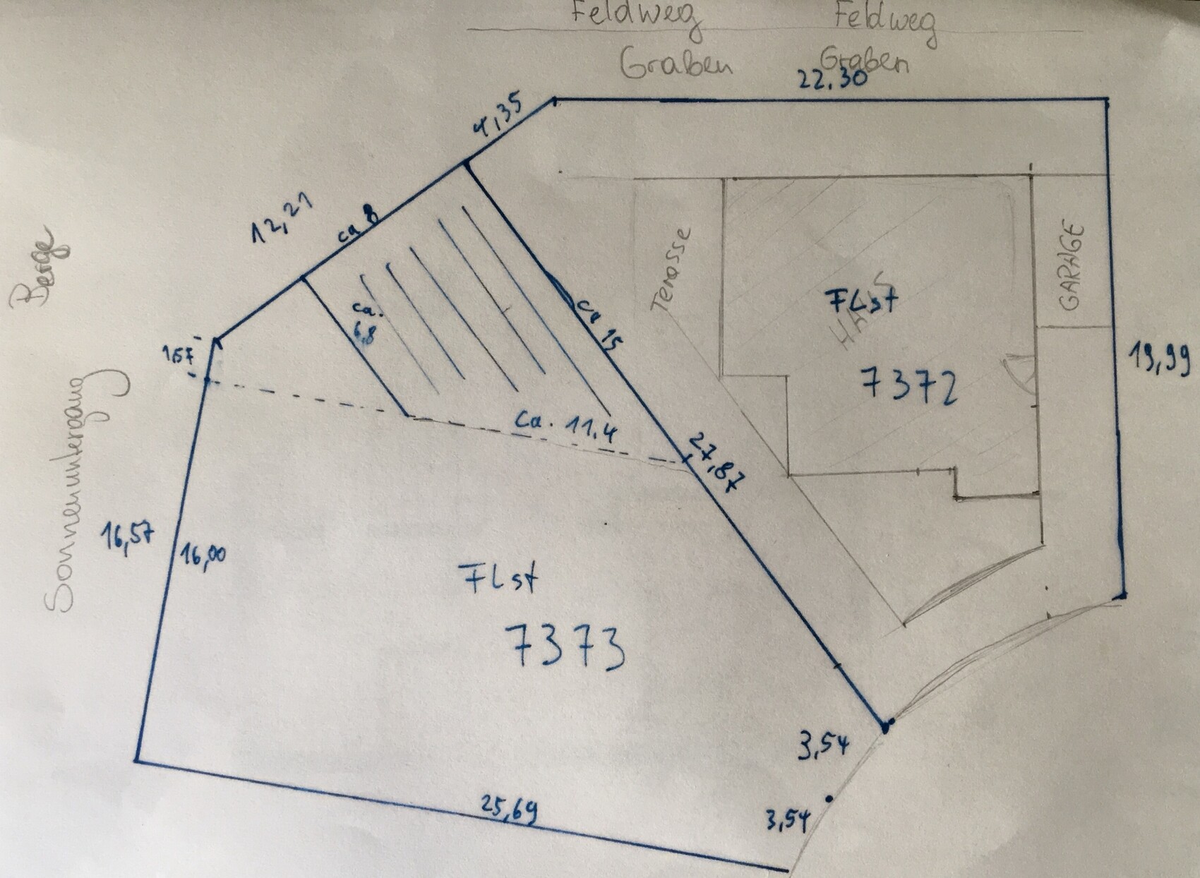 Handgezeichnete Grundstücksplanung mit Gebäudeumriss, Garten und Terrasse.