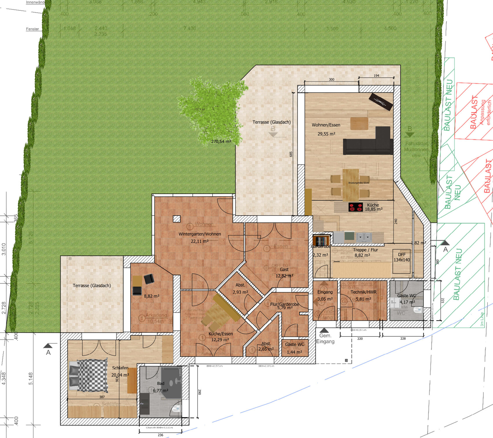 Grundriss eines Hauses mit Terrasse, Garten und Wohn-/Essbereich.